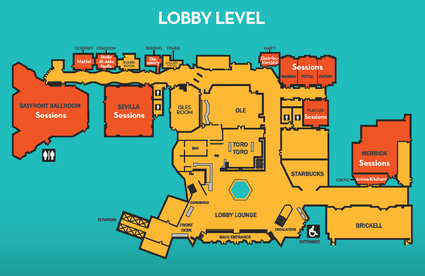 A floorplan of the Intercontinental Miami conference center lobby